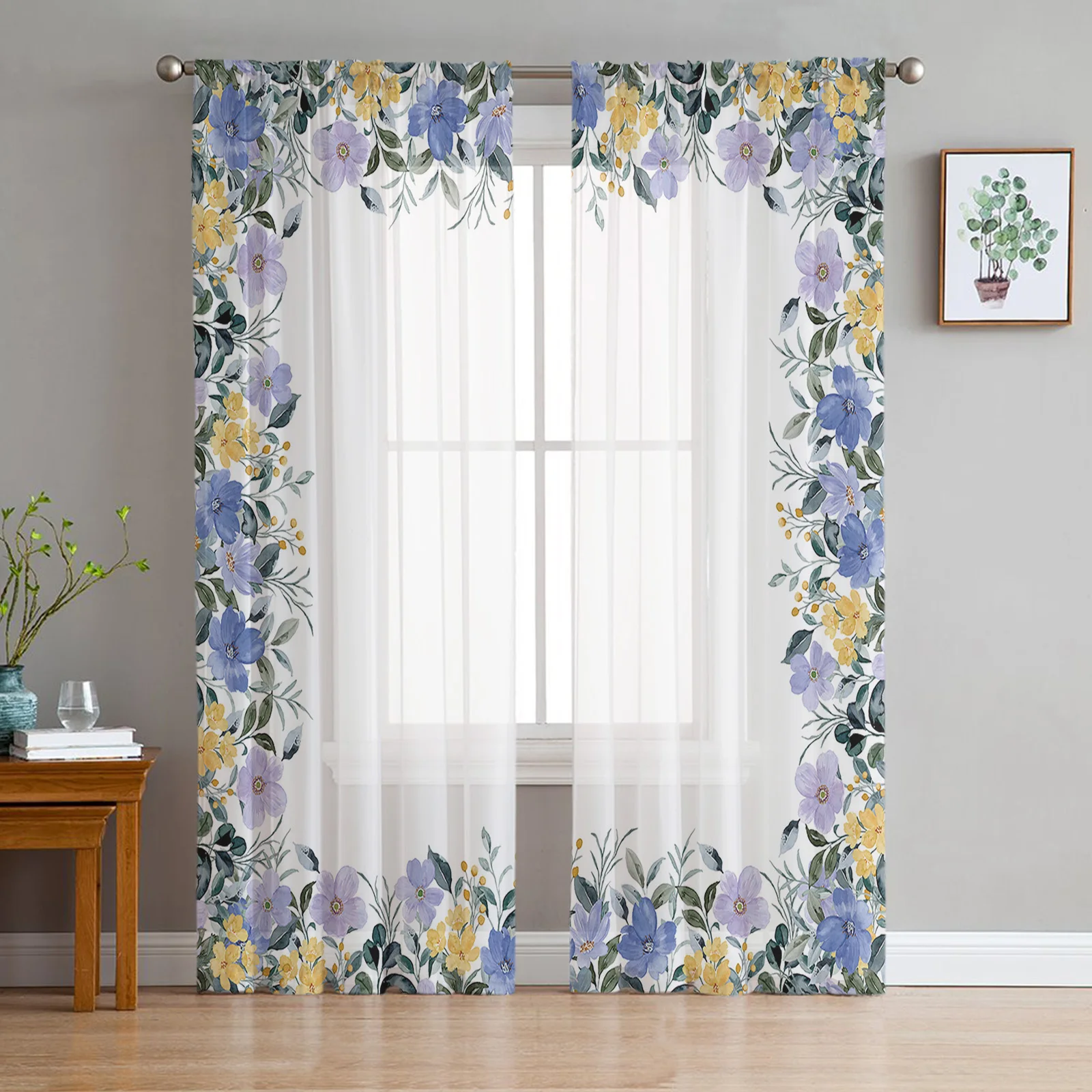 

Summer Purple Flowers Watercolor Sheer Window Curtains for Living Room Kitchen Children Bedroom Voile Hanging Curtain