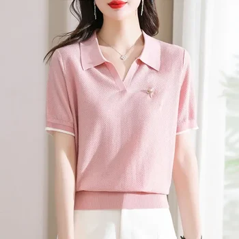 Camicia con collo a polo per donna Carino tinta unita Kawaii Baggy Red Donna T Abbigliamento coreano Moda di lusso sintetica 2025 Abbastanza in tendenza Nuovo