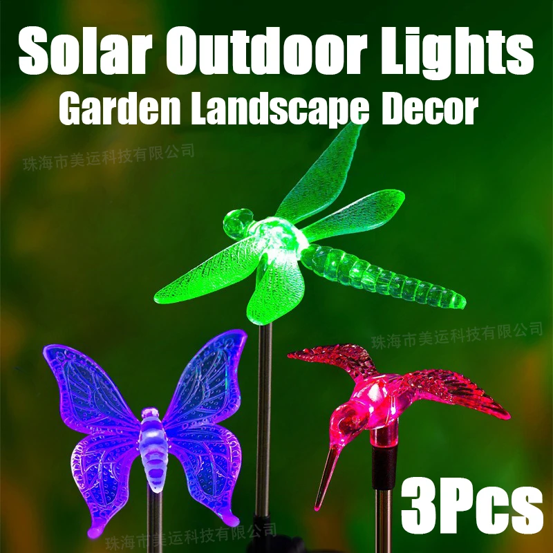 

3Pcs Outdoor Solar Powered Dragonfly Butterfly Hummingbird Light Villa Balcony Garden Lawn Courtyard Ground Decor Landscape Lamp