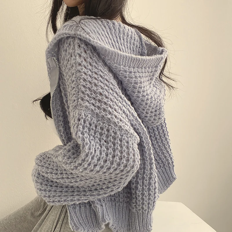 Autumn and winter lazy wind hooded short sweater cardigan zipper jacket women's design thick needle lapel loose knitted sweater