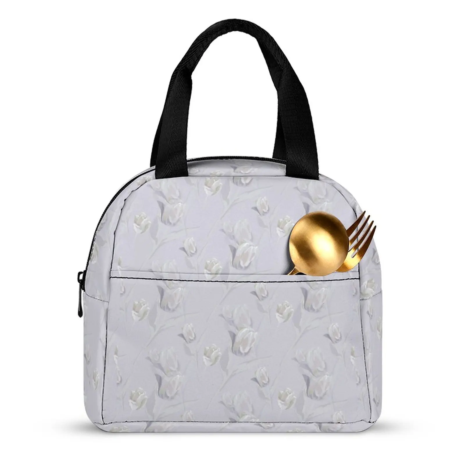 Custom Pattern Tote Lunch Bags for Women Purple Beautiful Flowers Portable Meal Bag Picnic Travel Breakfast Box Office School