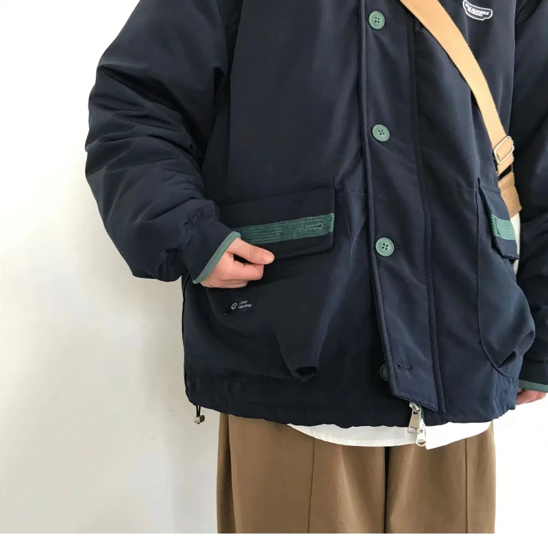 INS 겨울 코튼 코트 남성 빈티지 옷깃 대비 색 카고 파카 두꺼운 따뜻한 캐주얼 자켓 한국 스트리트 커플 코트