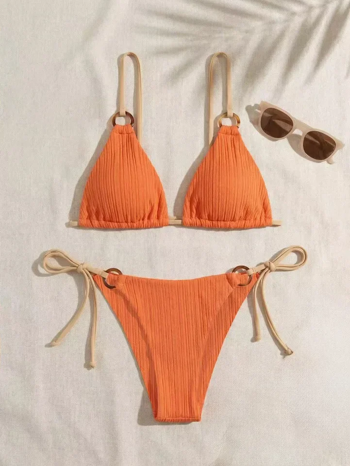 Women's Padded Three-point Bikini Set Solid Color Spaghetti Strap Hoop Sexy Swimsuit Two-piece Swimwear WirelBathing Suit 6