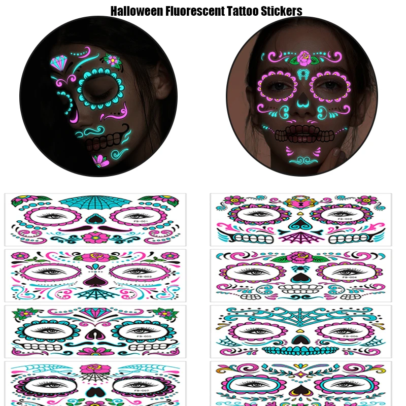 

1*Halloween Fluorescent Skin Sticker Face Temporary Tattoo Stickers Death Skeleton Print Neon TattooSticker Ghost Festival Party