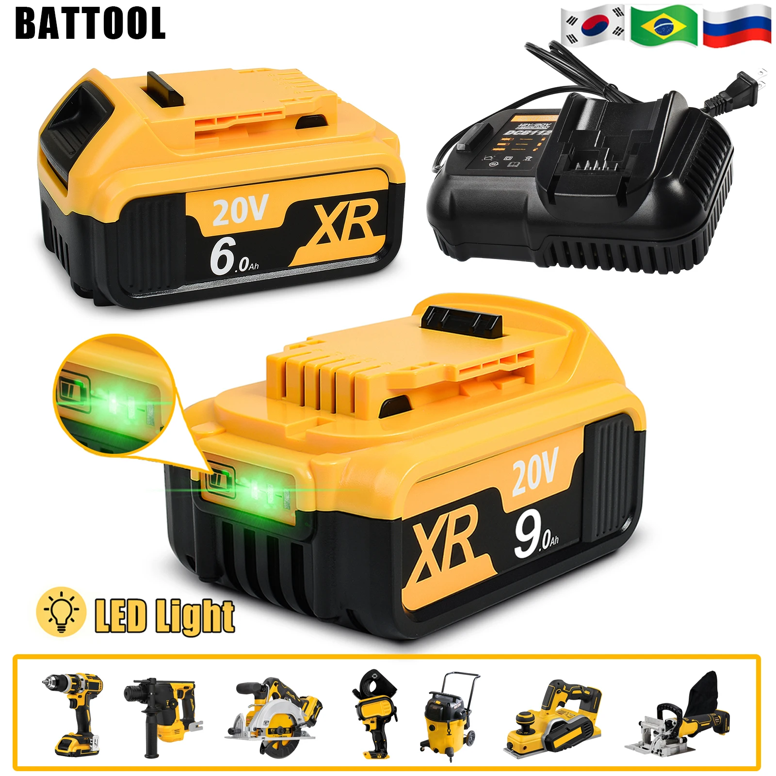 For Dewalt Dcb200 20v 4.0ah/6.0ah/9.0ah Replacement Battery Compatible
