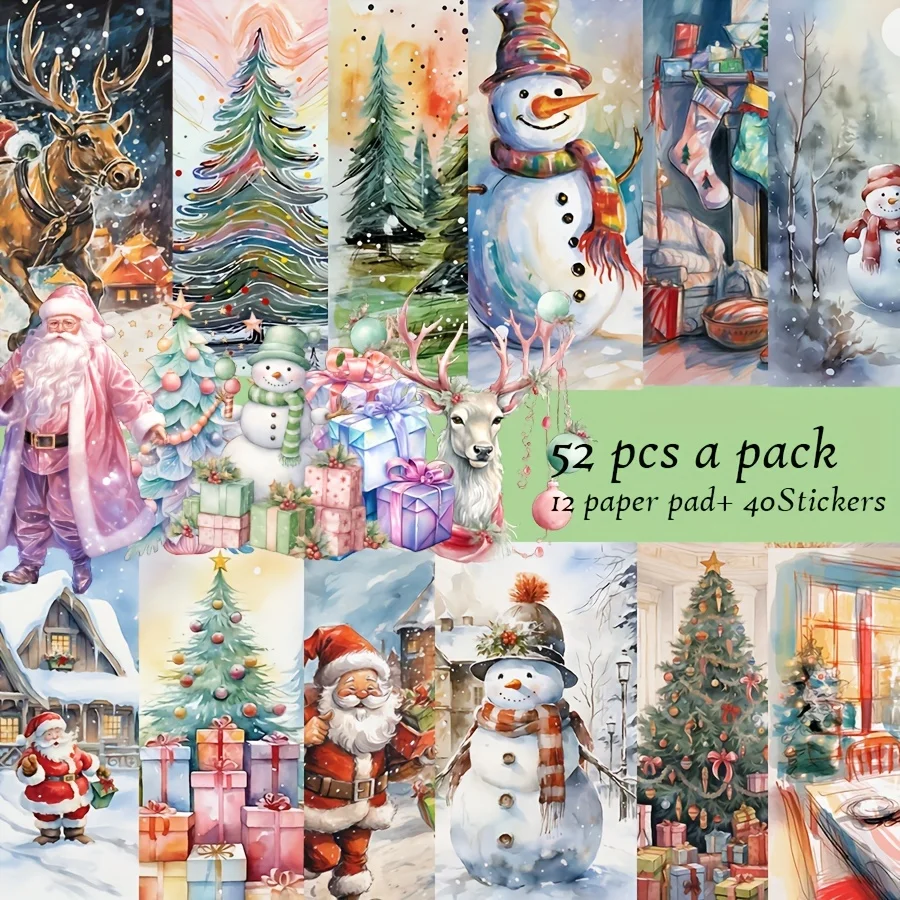 Background Paper and Sticker set Christmas with Snowman Santa Claus Patterns for Scrapbooking Paper Craft Junk 52pcs