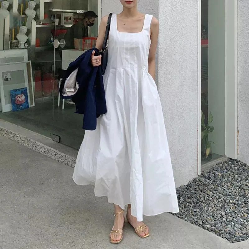 

2023 New Summer Long Dress Elegant Women Sleeveless Pleated Casual Square Neck Party Holiday Sundress Robe Femme Vestidos