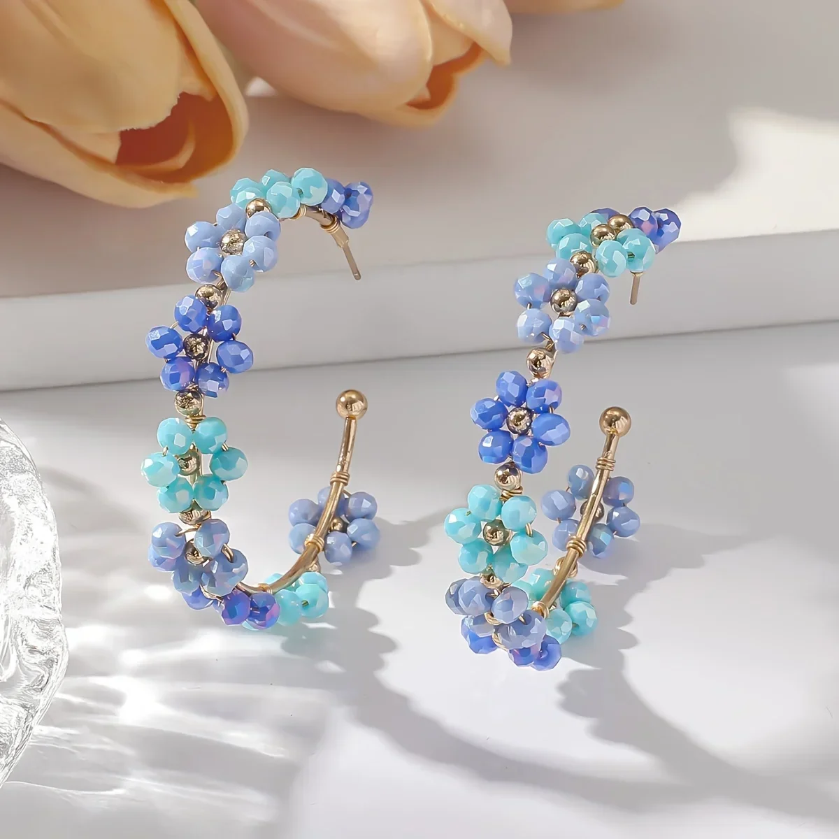 Boho Resort Style Handmade Artificial Crystal Beaded Wreath Earrings, Stylish Sunflower Design Suitable for Everyday Wear