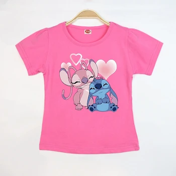 Kid Tops Stitch Girls T Shirts Blue Pink White T-shirts for Kids Teen Girl Clothes Birthday Shirt Top T-SHIRT Children 3-12 Year 1