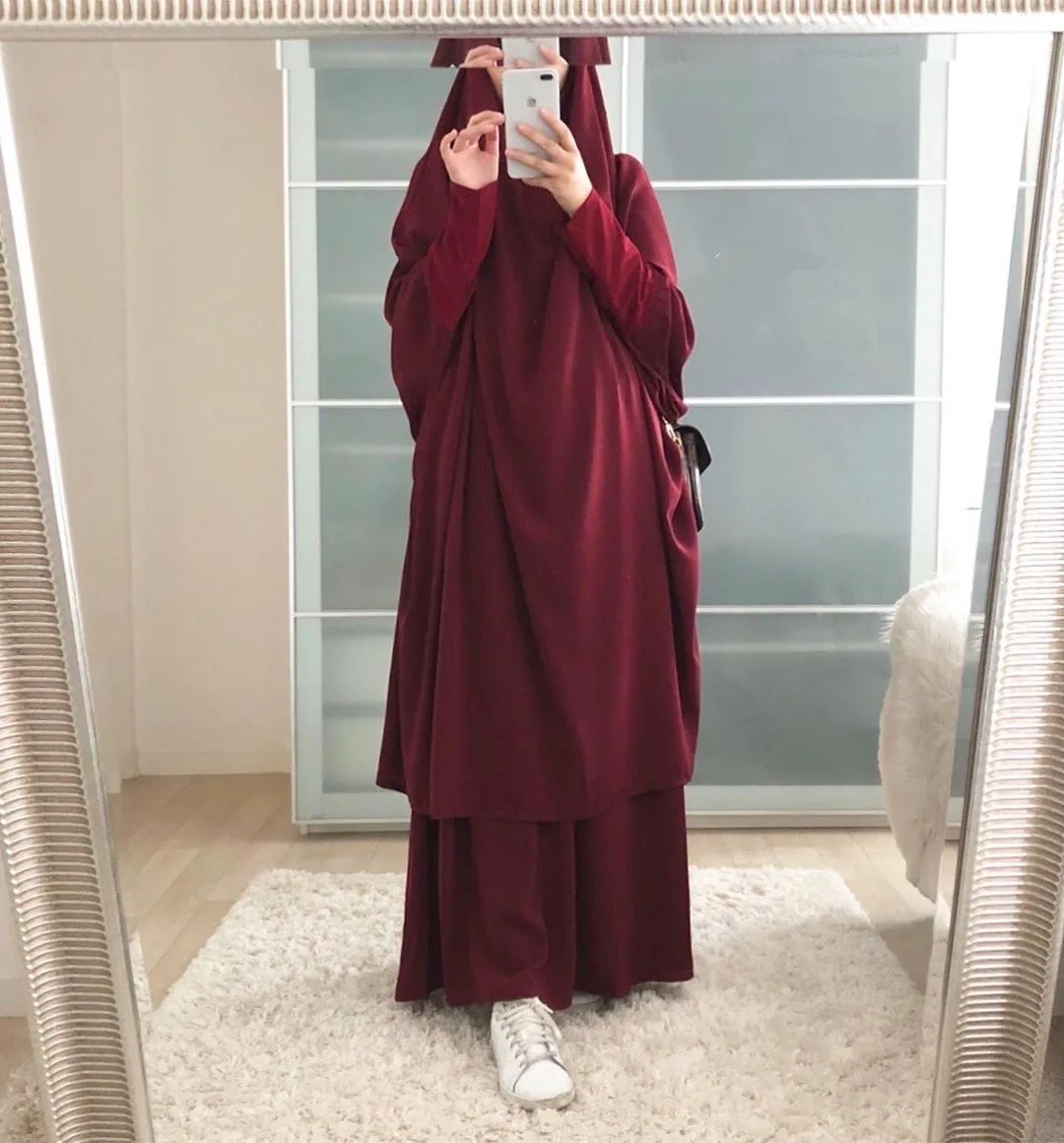 Women Abaya Ramadan 2 Piece Skirt Suits Fashion Prayer Garment Dress Khimar Hijab Robe Islam Abayat Muslim Sets Islamic Clothing