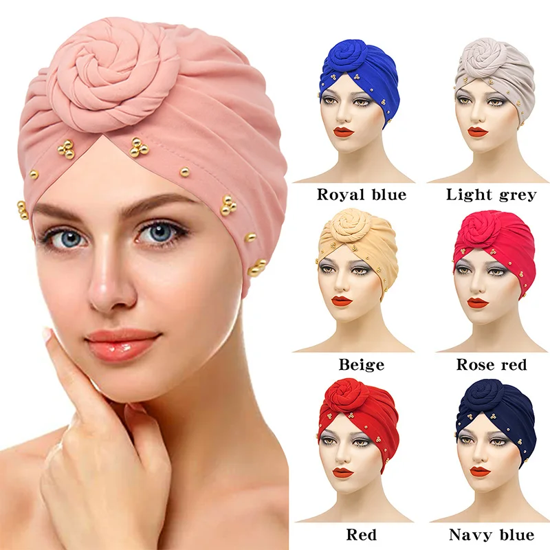 

Muslim Hijab Headscarf For Women Beaded Beanie Solid Cross Flower Female Turban Hat Islamic Headwrap Head Cover Inner Hijab Cap