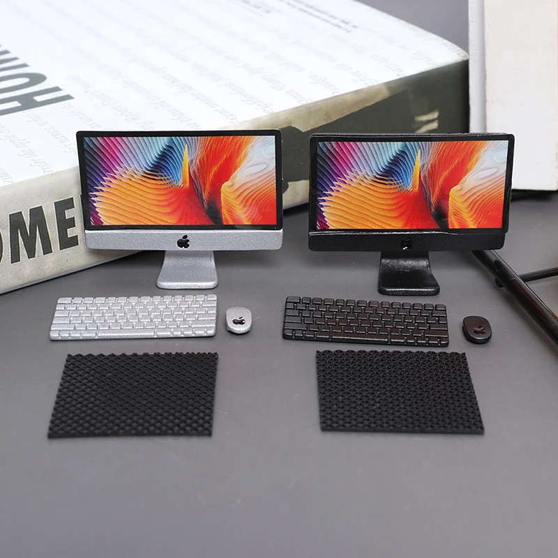 1Set 1/12 Scale Mini Computer + Mouse + Keyboard Book Stationery Model for Miniature Dollhouse Study Room Furniture Accessories 3