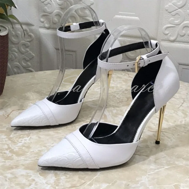 

Women Pumps Pointed Toe Metal High Heel Leather Fashion Single Shoes Female Cover Heel Buckle Strap Sexy Patchwork Pumps