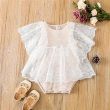 

3-24 Months Baby Girls Lace Patchwork Knit Romper Toddler Short Sleeve Solid Color Bodysuit Tutu Dress Birthday Wedding Party
