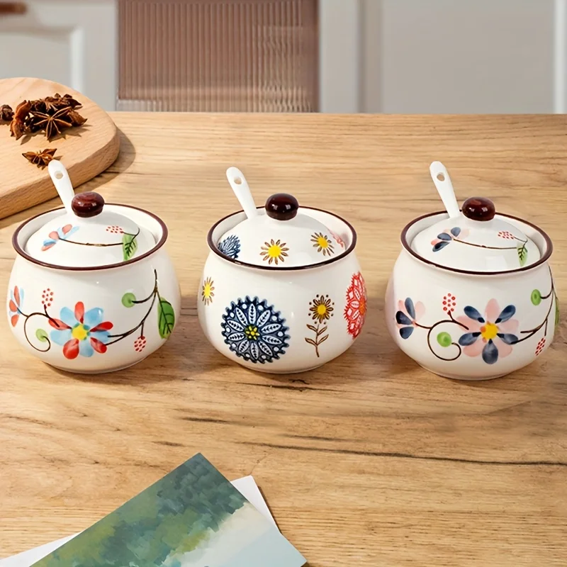 3pcs Hand-Painted Ceramic Salt & Sugar Jars Suitable Storage, Lidded Spoons Included with Underglaze Containers, Decorative Cond 1