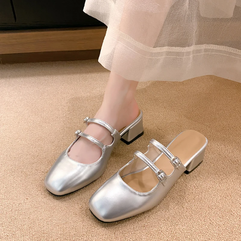 Women Mid Heels Slippers Casual Chunky Mules Shoes Luxury Dress Sandals New 2024 Summer Slingback Flip Flops Pumps Mujer Slides