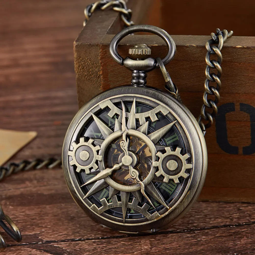 Vintage Steampunk Retro Hollow Gear Movement Mechanical Antique Pocket Watch FOB Pendant Chain Pocket Watch Men Women Boy Clock