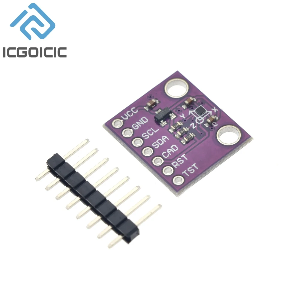 Module boussole électronique triaxiale AK09911C monté sur un circuit imprimé avec connecteurs I2C