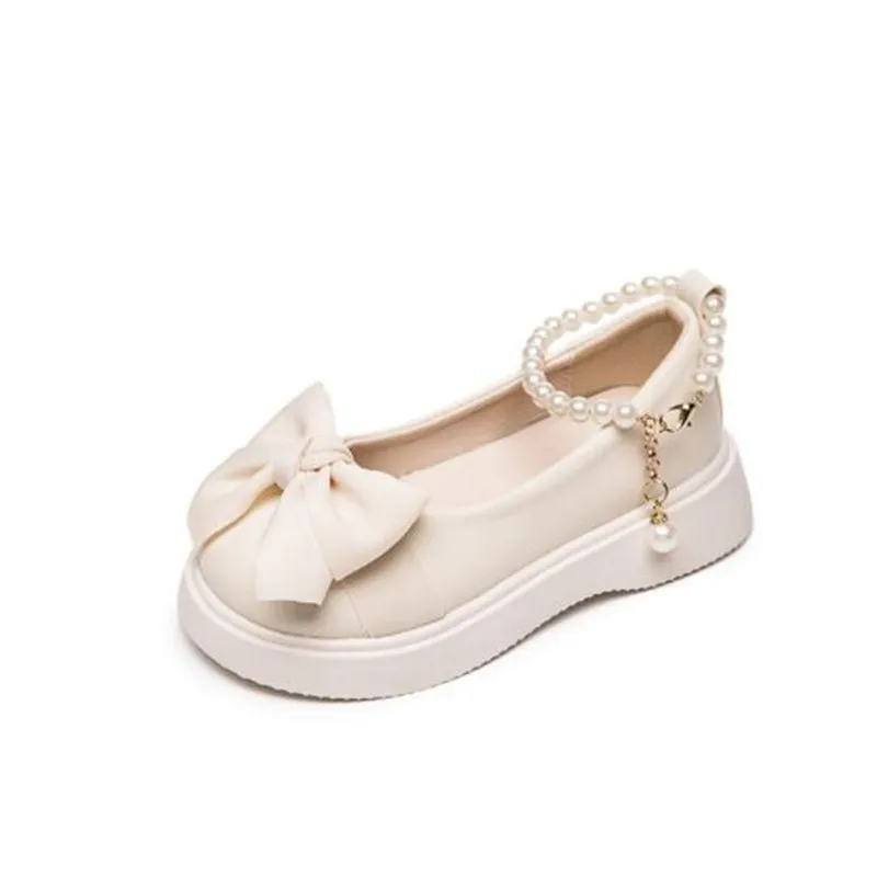 

Girls' black leather shoes 2022 New fashion Ankle Pearl chain Strap Chic Sweet bow princess shoe Wedding Party shoes Kids Flats
