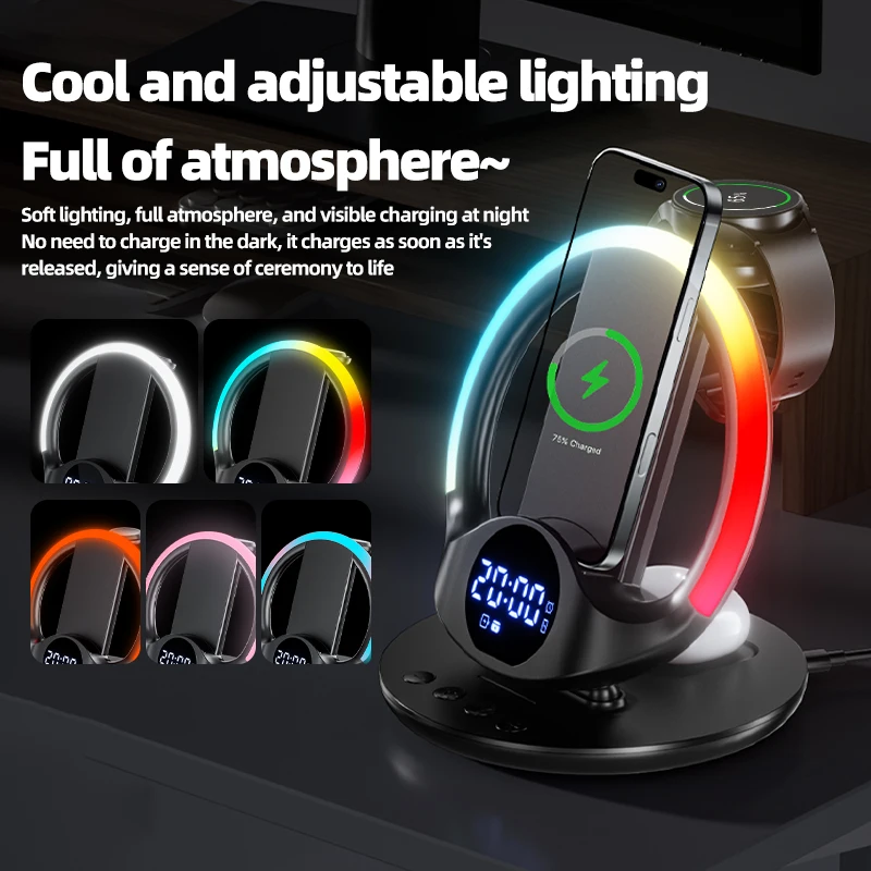6 in 1 Wireless Charger Stand RGB Light & Alarm Clock for iPhone 17~12 Samsung Apple & Galaxy Watch Airpods 4/3 Pro Buds3/3 Pro