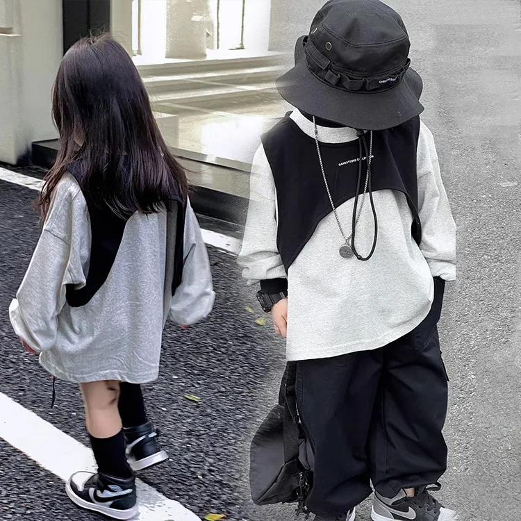 

Two Pieces Autumn Baby Boys Girls Streetwears Black Sleeveless O-necked Vests Waistcoats Grey Pullover Sweatshirts Undershirts
