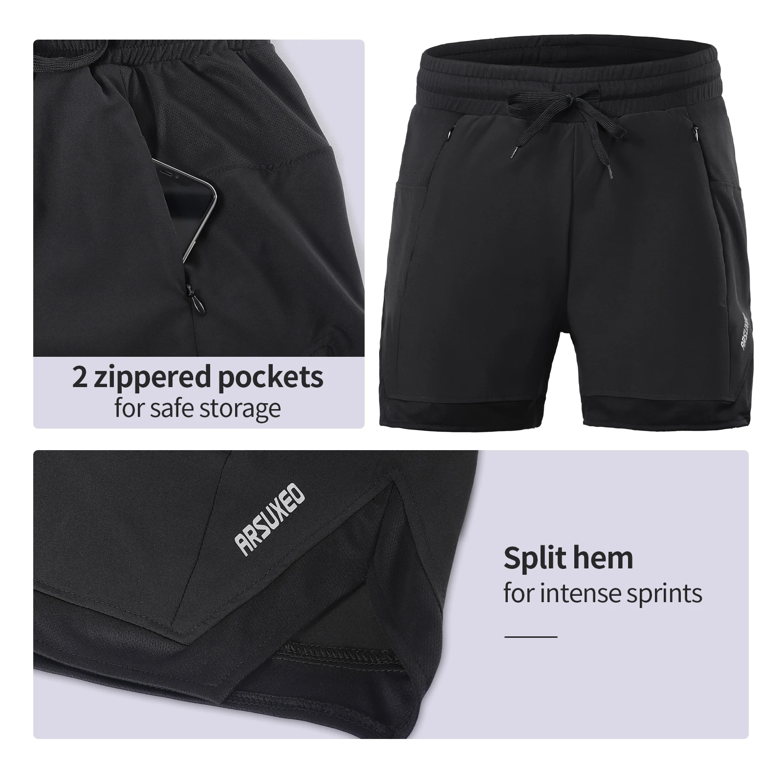 ARSUXEO Men's Running Shorts With Liner Exercise Workout Training 2 in 1 Zipper Pockets Jogging Fitness Trunks Dry Fit B211 3