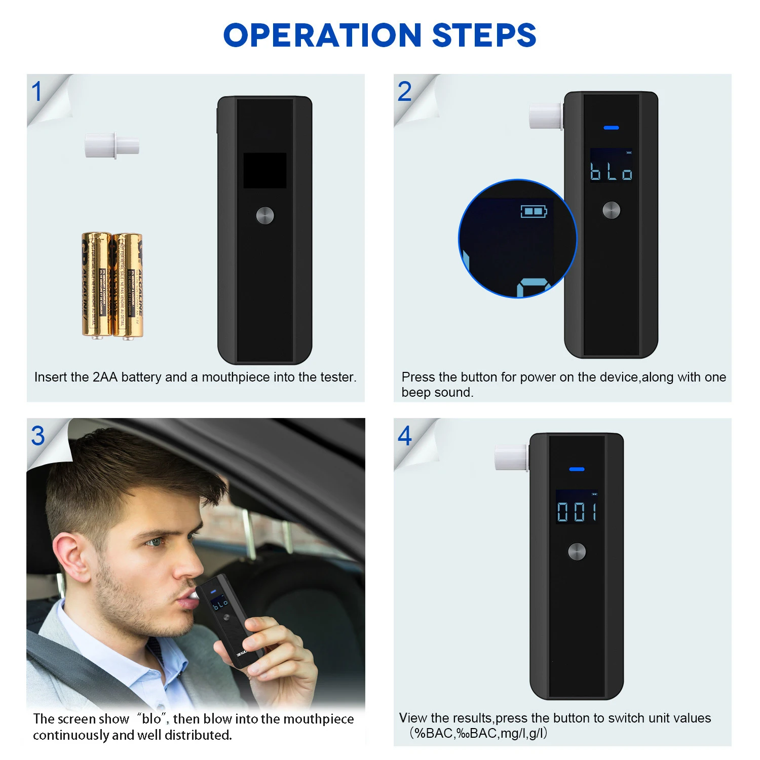 Alcohol Detector Breath Analyzer Semiconductor Sensor Portable Blowing Alcohol Inspection Tool LCD Display Sound Light Alarm