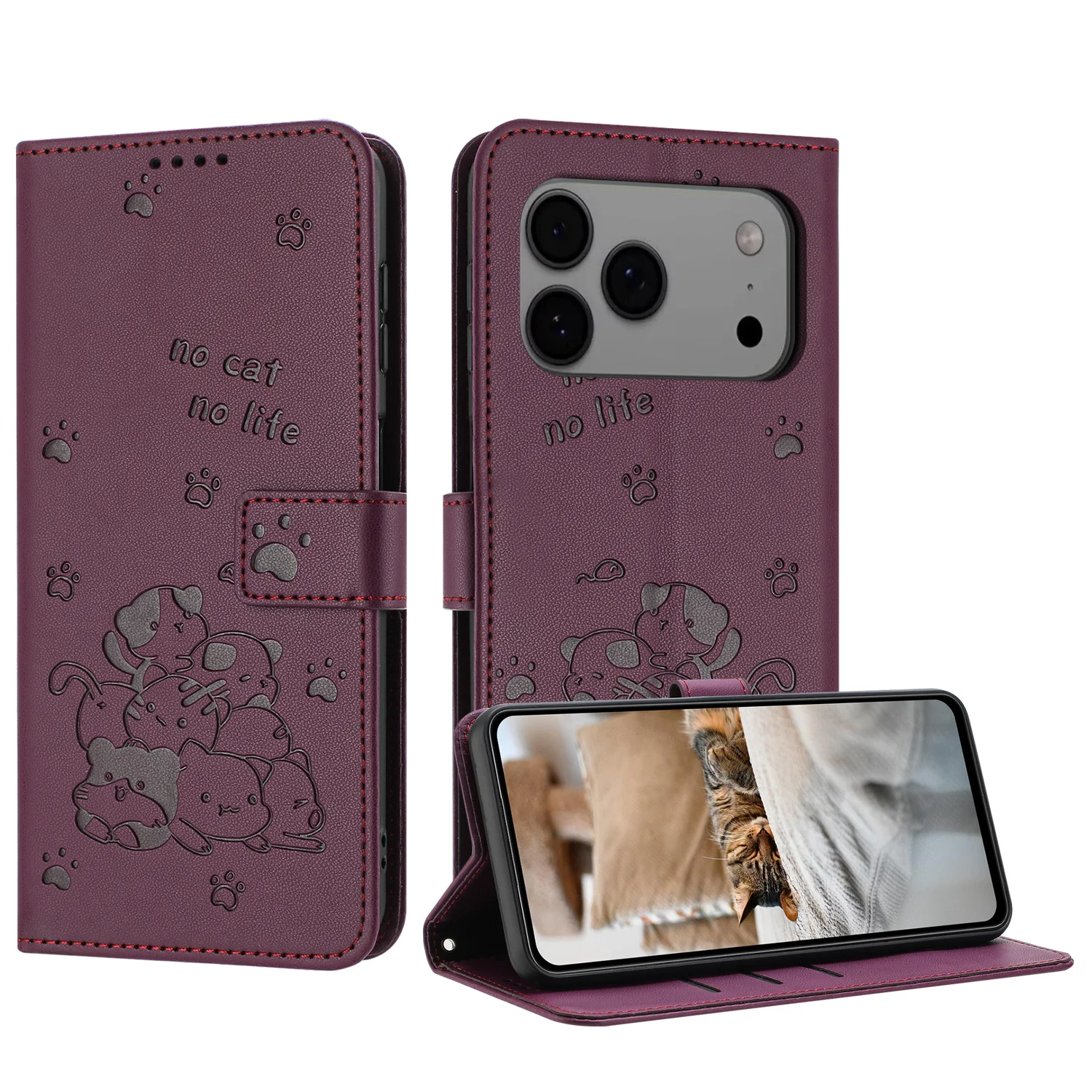 Elegant Leather Cat Design Phone Wallet Case with Flip Cover