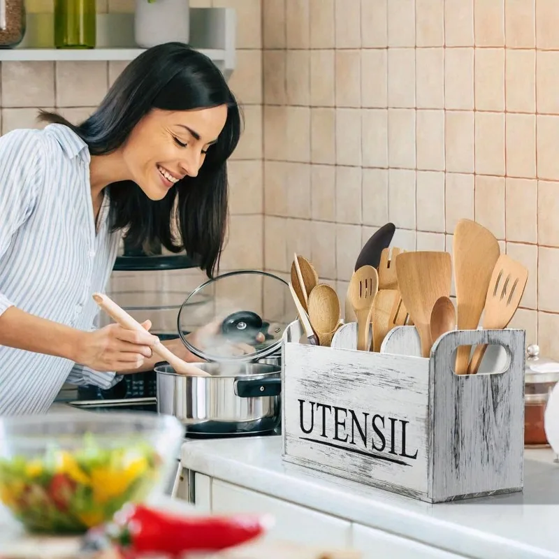 Rural wooden kitchen utensil rack -3-compartment countertop storage for silverware and cooking tools 2