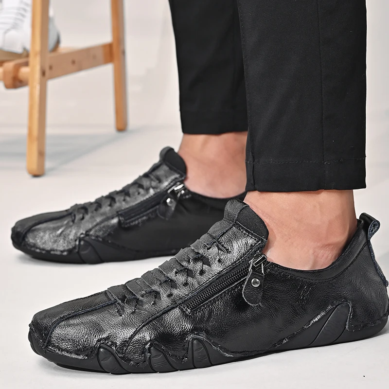 

Men's casual trend round zipper comfortable breathable non-slip outdoor driving octopus casual men's shoes black white