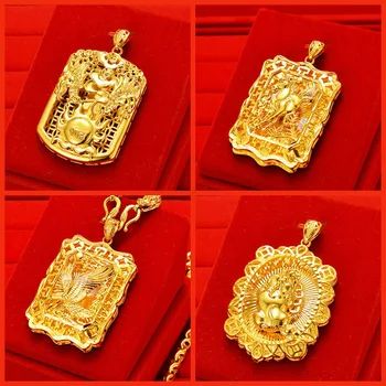 AU999 gold pendant men's square zodiac pendant 24k real gold Pixiu fashion domineering necklace men's hanging tag