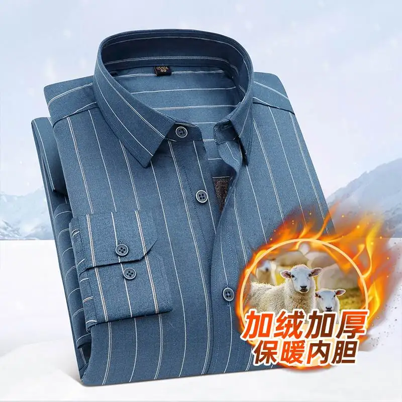 

Square Collar New Shirt Men's Long Sleeve Autumn Winter Shirt Stripe Plush Thickening Warm Business Leisure Fit