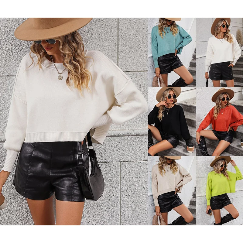 

Женская Осенняя одежда, новинка 2023, модный вязаный однотонный Свободный пуловер с круглым вырезом, свитер, длинное пальто для женщин