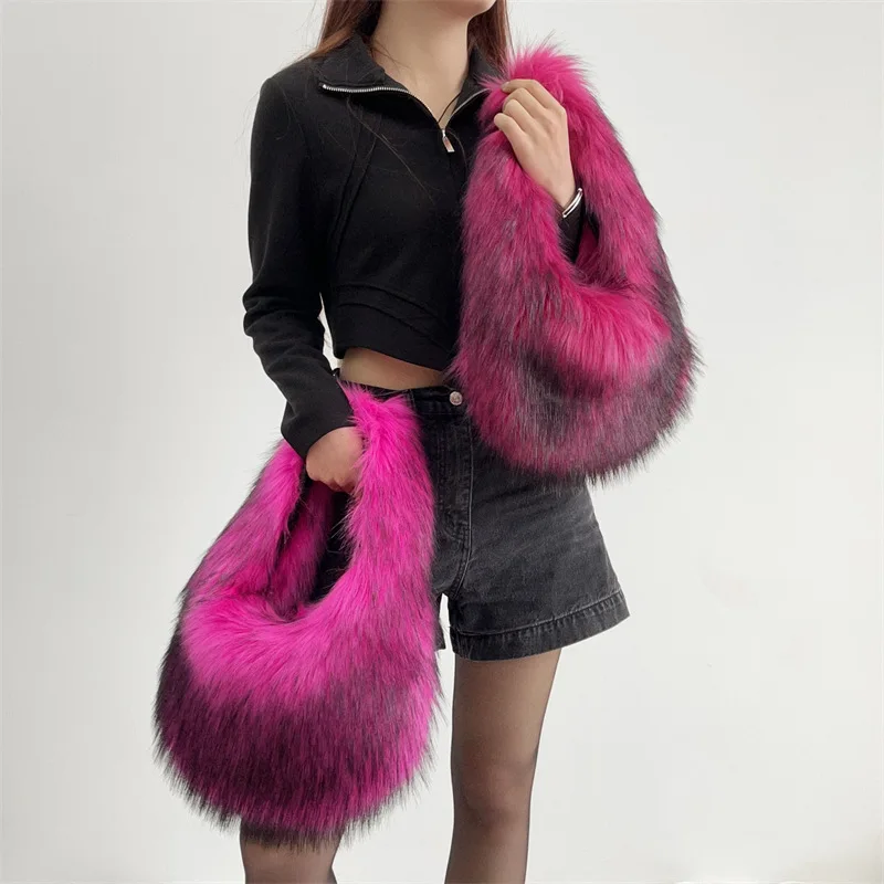 Luxury Heart-Shaped Shoulder Bag Fluffy Faux Fur Bags for Women Designer Handbags Soft Plush Fur Bag Candy Color Cloud Bags Chic