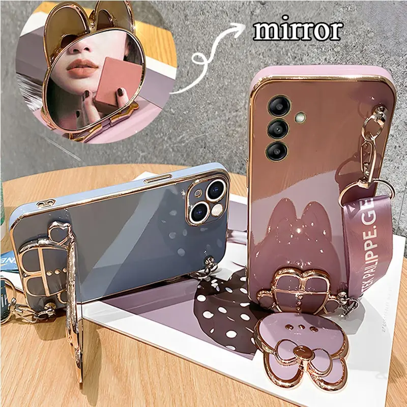 S23FE Spiegel-Crossbody-Lanyard-Telefonhalter-Hülle für Samsung Galaxy S21 S20 S22 S23 S10 Note 10 20 Plus Ultra Stand Strap Cover