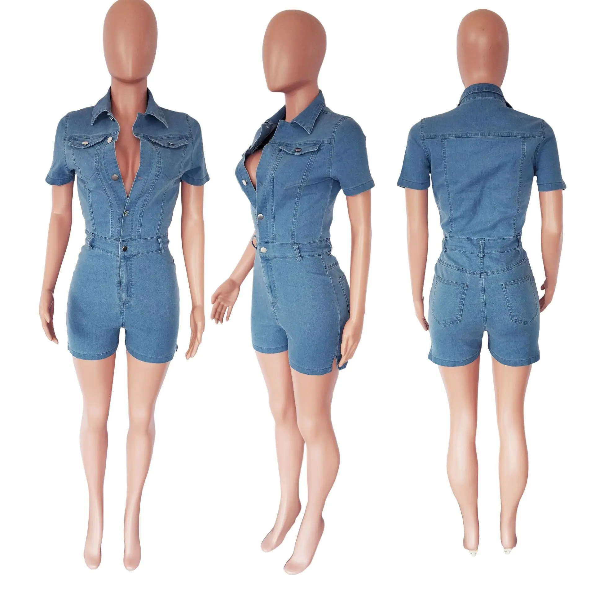 Women Jumpsuit Summer Sexy Denim Slim Fit Spilt Short Denim Jumpsuit Casual Lady Streetwear Short Sleeve Bodycon Jeans Rompers