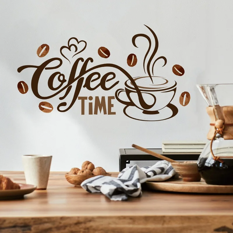 Simple English Slogan Coffee Time Wall Sticker,Cafe Living Room Water Bar Home Decor Coffee Wall Sticker Self-adhesive