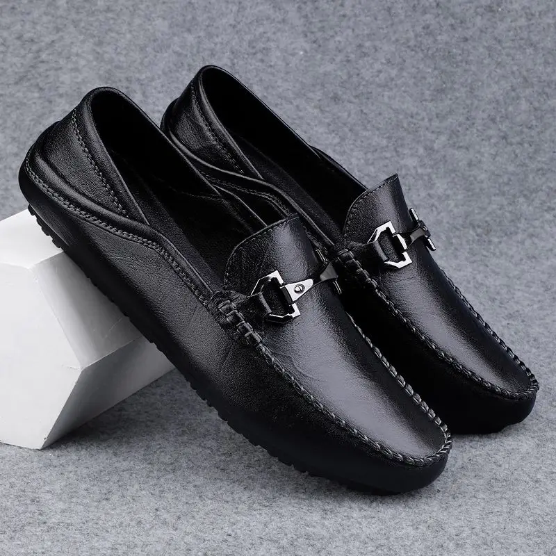 Flat Moccasin Square Toe Men's Leather Shoes Dress Business Formal Male Casual Shoe Loafers Soft Elegant Designer