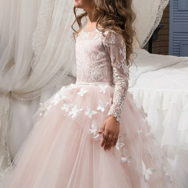 Elegant Long Sleeve Flower Girl Lace Dresses Banquet Party Children Girls Birthday Ball Gowns Butterfly Kid Tulle Dress Vestido