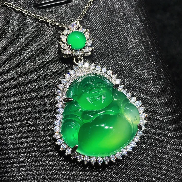 

charming 100% Natural Handmade S925 silver inlaid emerald buddha high ice jade pendant necklace