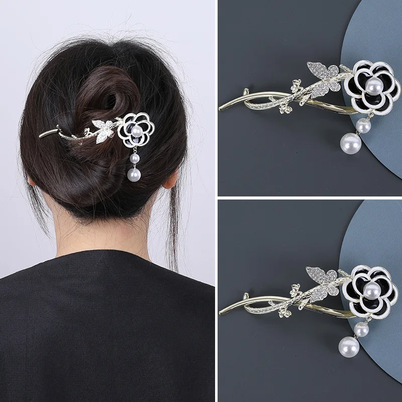 

New All-match Pearl Hair Accessories Light Luxury Retro Camellia Catch Clip Hair Accessories Hair Clip Back Head Twist Clip