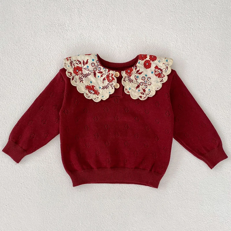 Autumn Newborn Sweaters Kids Knit Wear Kids Knitting Pullovers Tops Large Floral Collar Baby Girl Sweaters Cotton