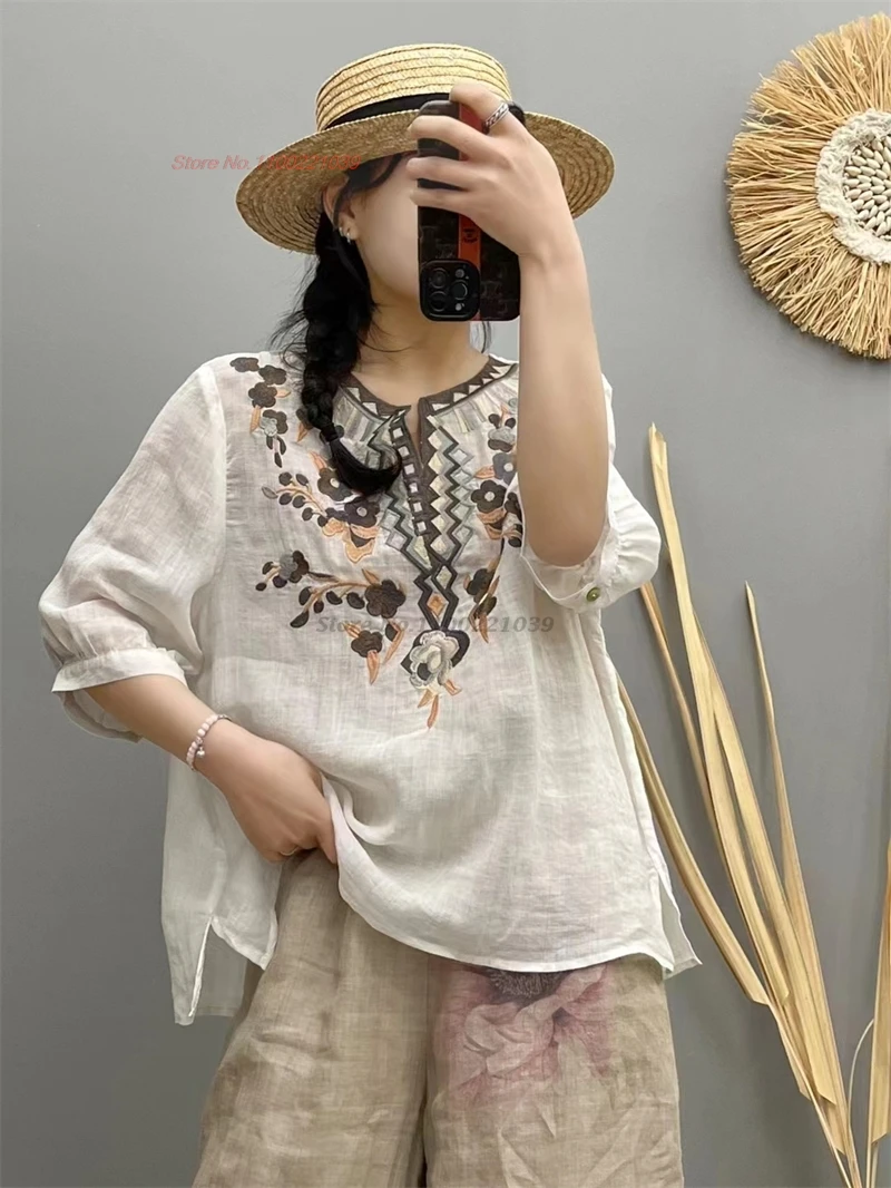 

2024 chinese vintage hanfu tops national flower embroidery v-neck loose blouse oriental 100% linen breathable ethnic folk blouse