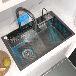 Waterfall Kitchen Sink Stainless Steel Large Single Slot Integrated Digital Display Faucet Set Soap Dispenser Cup Washer