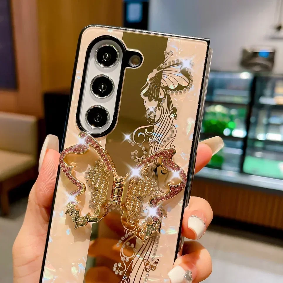 Lüks Kelebek Yüzük Stand Tutucu Telefon Kılıfı Samsung Galaxy Z Fold 6 5 4 3 Fold6 5G Darbeye Dayanıklı Arka Kapak Koruması_voghion.com