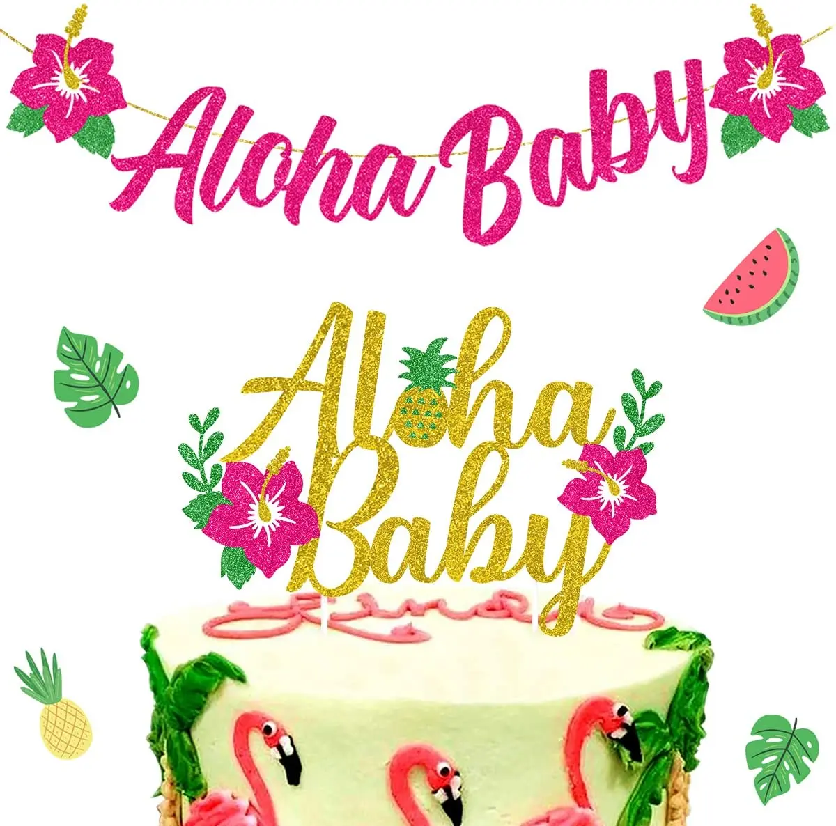 

Aloha Baby Banner Cake Topper Glitter, Rose Red Aloha Baby Shower Decorations for Girl, Hawaii Tropical Theme Baby Shower Decor