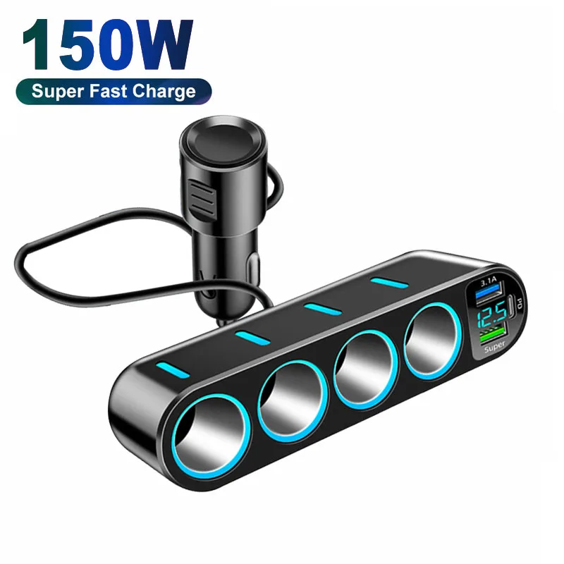 150W 7 in 1 차량용 충전기 어댑터 고속 PD QC3.0 소켓 시가 라이터 스..