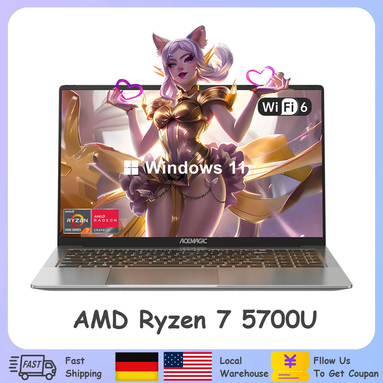 ACEMAGIC Gaming Notebook AMD Ryzen 7 5700U(Beat i7-1265U)Backlit Laptop Keyboard RAM 16GB NVME SSD 512GB 16.1" Full HD 1920x1080