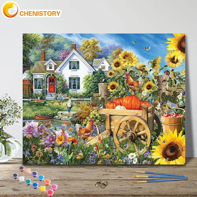 

CHENISTORY Pictures By Number Sunflower House Landscape Kits Painting By Numbers Art Drawing On Canvas Home Decor