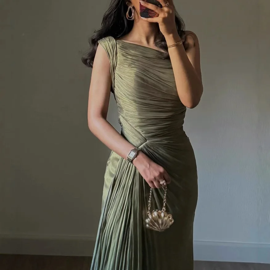 2025 Spring Summer New Fashion Pleated Dress for Women Chic Elegant Off Shoulder Sleeveless High Waist Evening Long Dresses 1